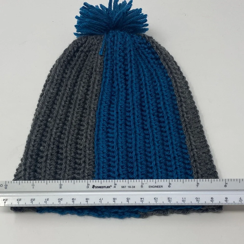 Handmade Blue and Gray Kids Pom-Pom Crocheted Beanie